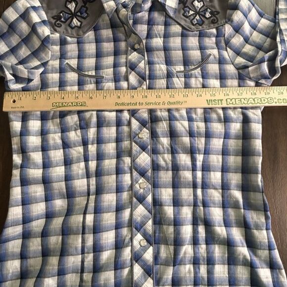 Roper Embroidered Western Top Women Size Medium Blue Plaid Pearl Snap - Picture 4 of 9